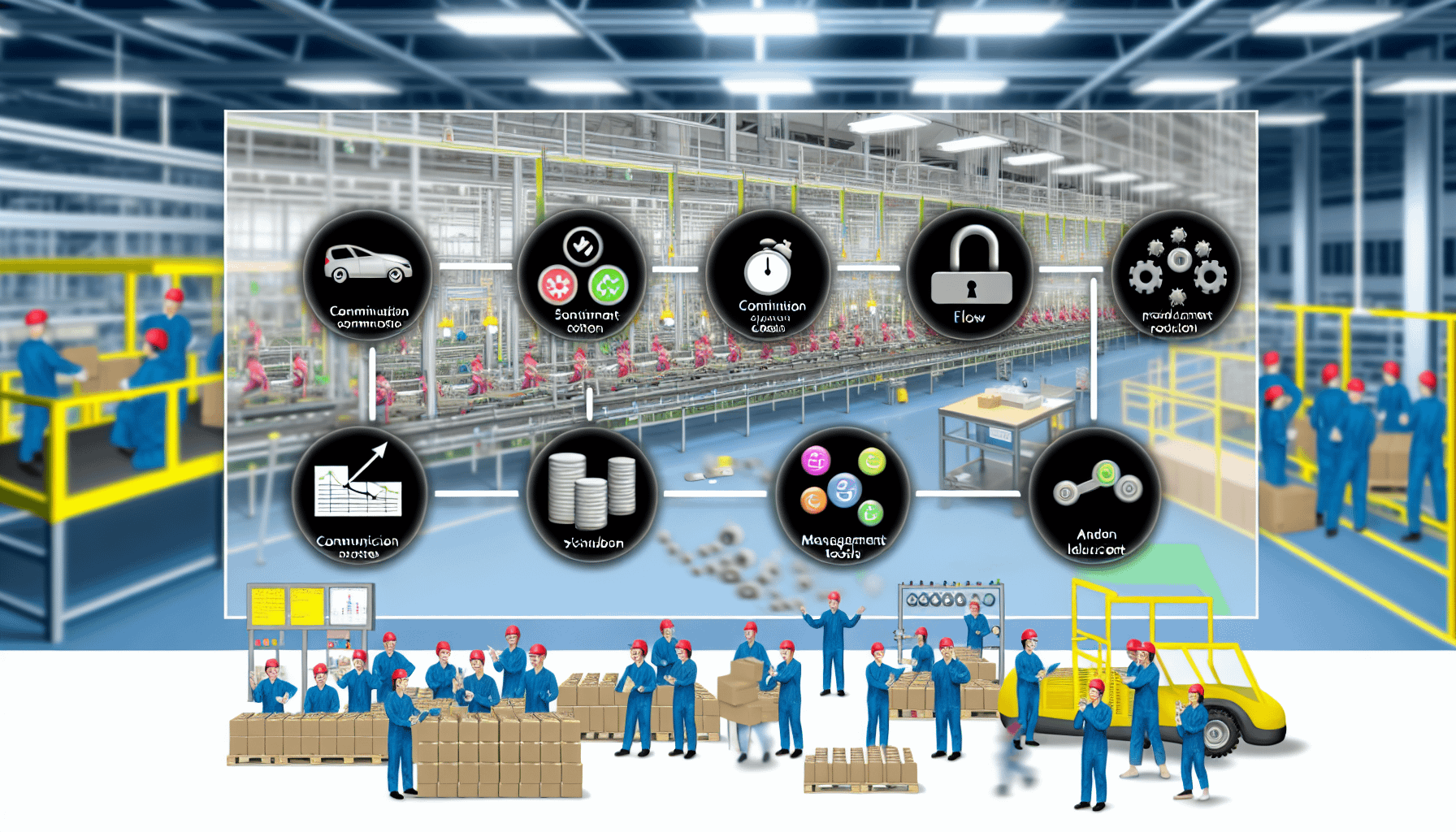 Illustration der erfolgreichen Umsetzung von Lean-Prinzipien. Zeigen Sie einen Fabrikboden mit Arbeitern unterschiedlichen Geschlechts und verschiedener Rassen, die an kontinuierlichen, reibungslosen Produktionsprozessen beteiligt sind und das Konzept der Abfallreduzierung verkÃ¶rpern. Heben Sie klare KommunikationskanÃ¤le und visuelle Managementwerkzeuge wie Kanban-Boards und Andon-Leuchten hervor. FÃ¼gen Sie ein GefÃ¼hl des Flusses hinzu, bei dem Materialien und Komponenten reibungslos von einem Prozess zum nÃ¤chsten bewegt werden, was in einem fertigen Produkt am Ende der Montagelinie gipfelt. Erfassen Sie das GefÃ¼hl von Harmonie und Effizienz, das mit Lean-Prinzipien verbunden ist.