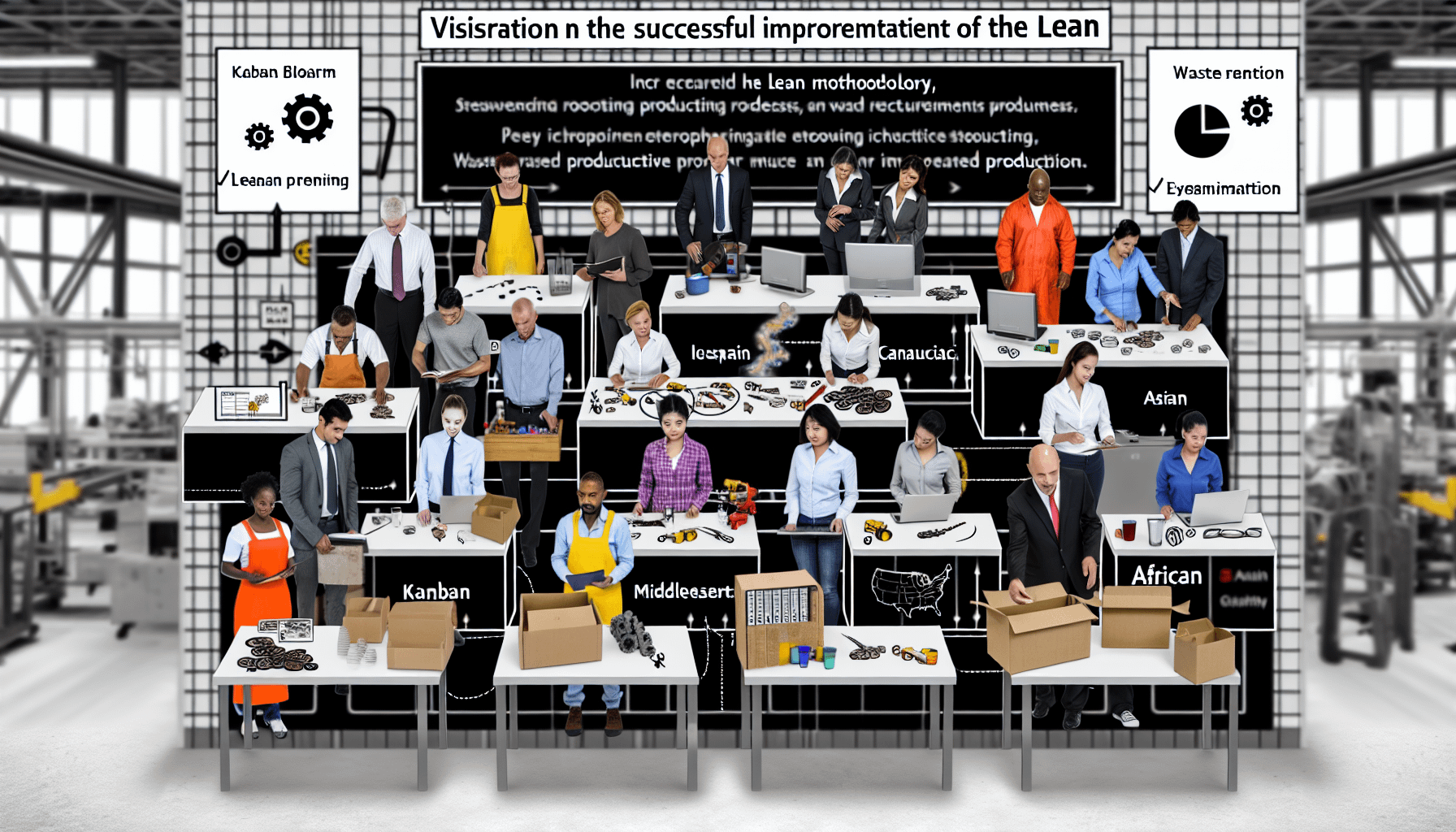 Visualisierung der erfolgreichen Umsetzung der Lean-Methodik, die gesteigerte ProduktivitÃ¤t und Effizienz zeigt. Das Bild zeigt Menschen unterschiedlicher Herkunft (kaukasisch, hispanisch, nahÃ¶stlich, asiatisch, afrikanisch und sÃ¼dasiatisch), die harmonisch in einem industriellen Umfeld zusammenarbeiten. Jeder Mensch hat organisierte Werkzeuge und einen Arbeitsplatz, der die besten Praktiken des Lean-Managements widerspiegelt. Wichtige Elemente wie Kanban-Boards, Prozessoptimierung und Methoden zur Abfallreduzierung sind in dieser produktivitÃ¤tssteigernden Umgebung deutlich sichtbar.