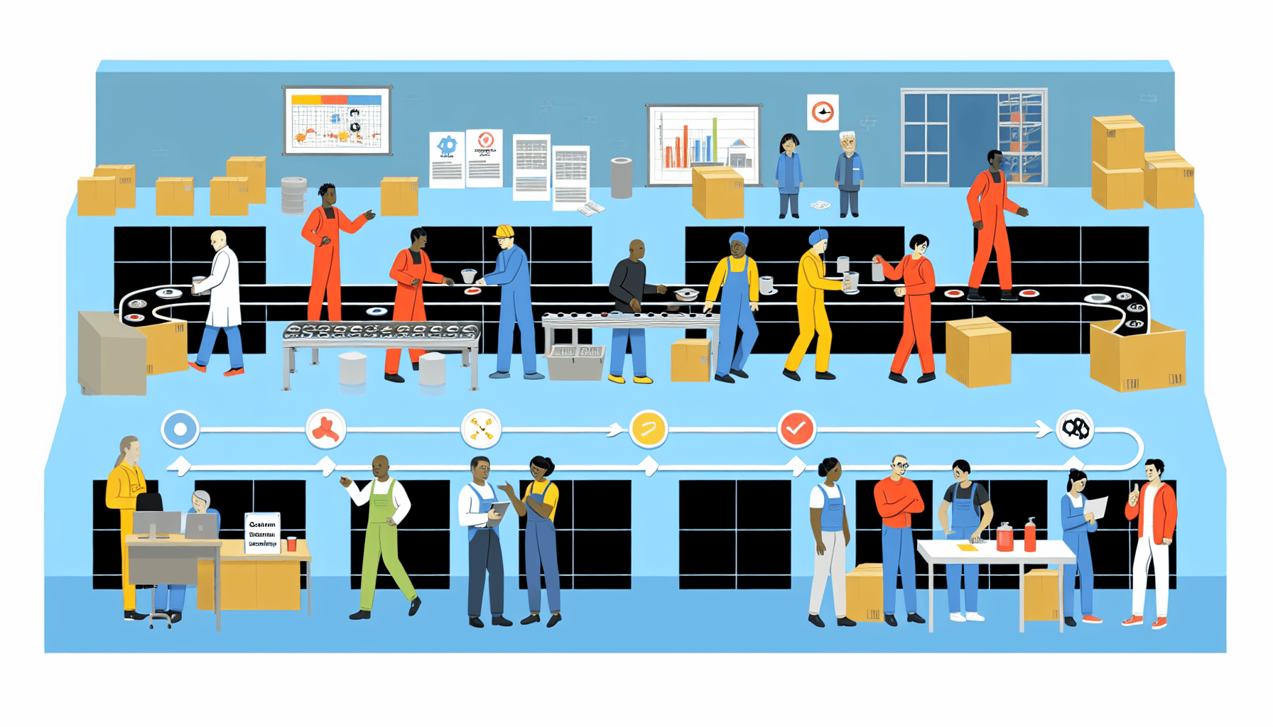 Illustration der erfolgreich umgesetzten Prinzipien des Lean Managements. Zeigen Sie eine Fabrikumgebung mit Arbeitern unterschiedlicher Herkunft, wie Hispanic, Schwarz, Kaukasisch, Nahost und SÃ¼dasien. Auf dem Fabrikboden sind MÃ¤nner und Frauen gleichmÃ¤ÃŸig verteilt und arbeiten an verschiedenen Aufgaben. Einige sind an MontagebÃ¤ndern beschÃ¤ftigt, andere diskutieren Strategien an einem Besprechungstisch mit einem Kanban-Board im Hintergrund. Stellen Sie den Arbeitsfluss von Rohmaterialien zu fertigen Produkten dar und zeigen Sie Effizienz und minimalen Abfall.